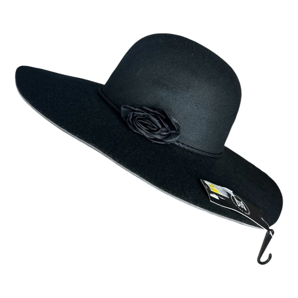 Marcus Adler New York Black Wide Brim Hat Rose Accent One Size NEW Boho Derby